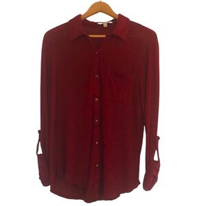 Charming Charlie Crimson Button-Up Blouse with 3/4 Sleeves